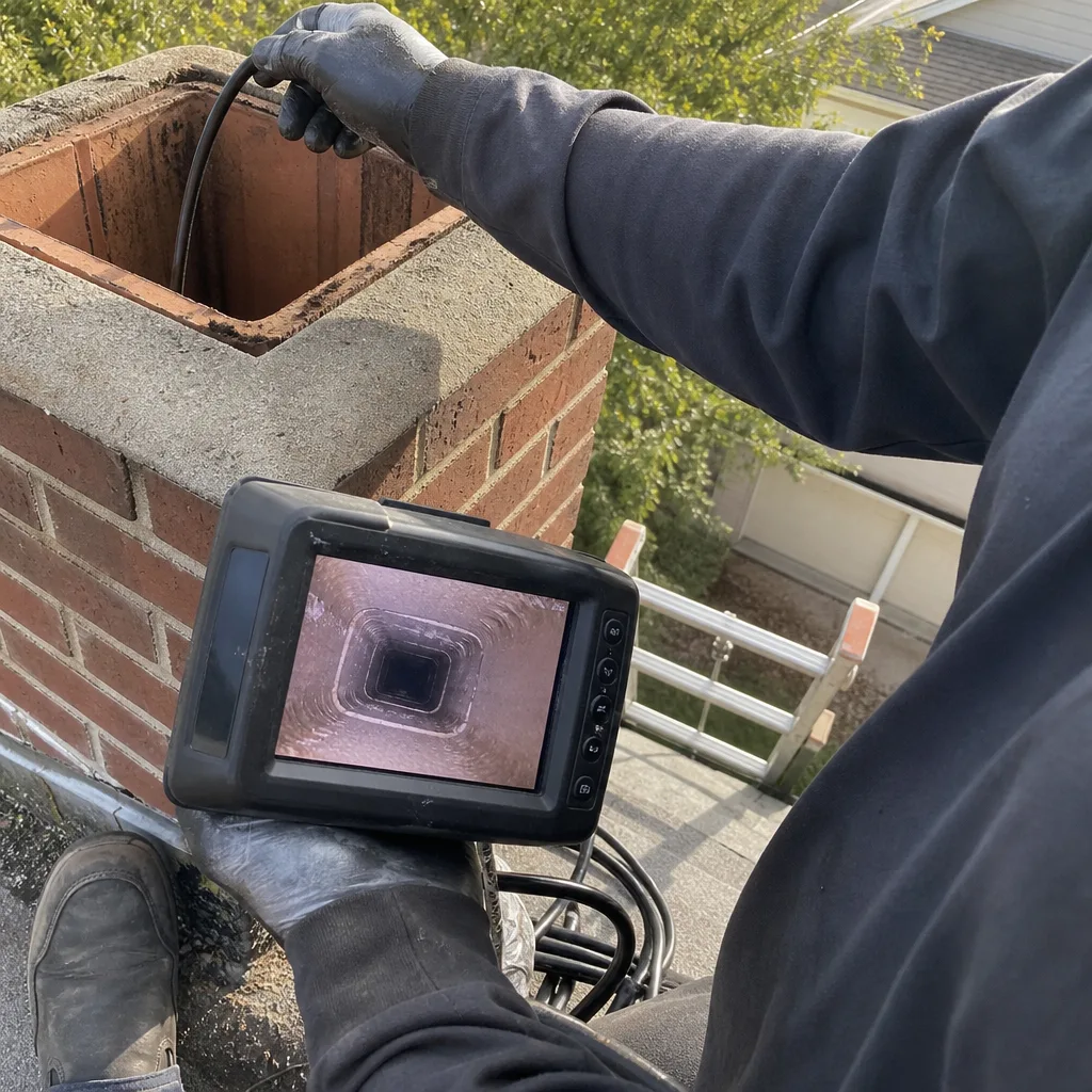 Professional technician performing a video chimney flue inspection from a roof