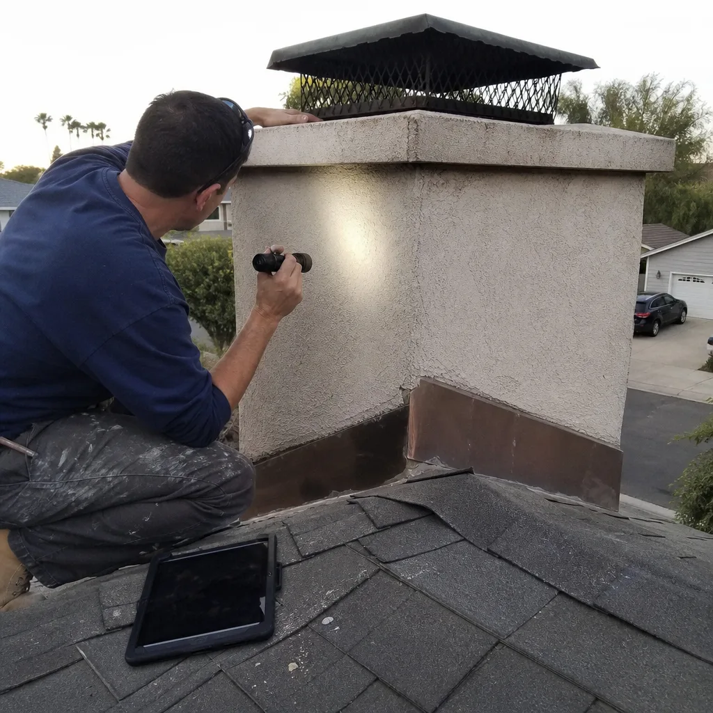 Chimney sweep professional performing a rooftop masonry inspection with a flashlight
