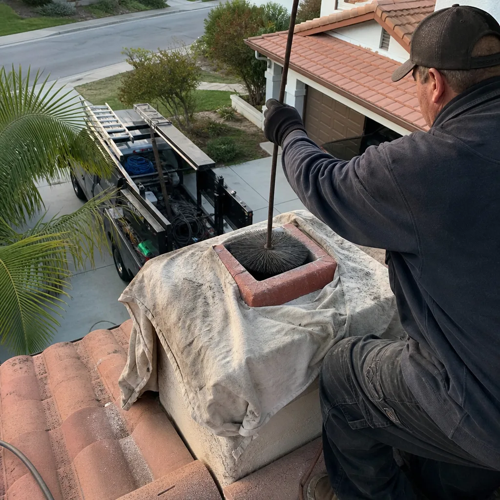 Professional chimney sweep cleaning a residential chimney from a roof