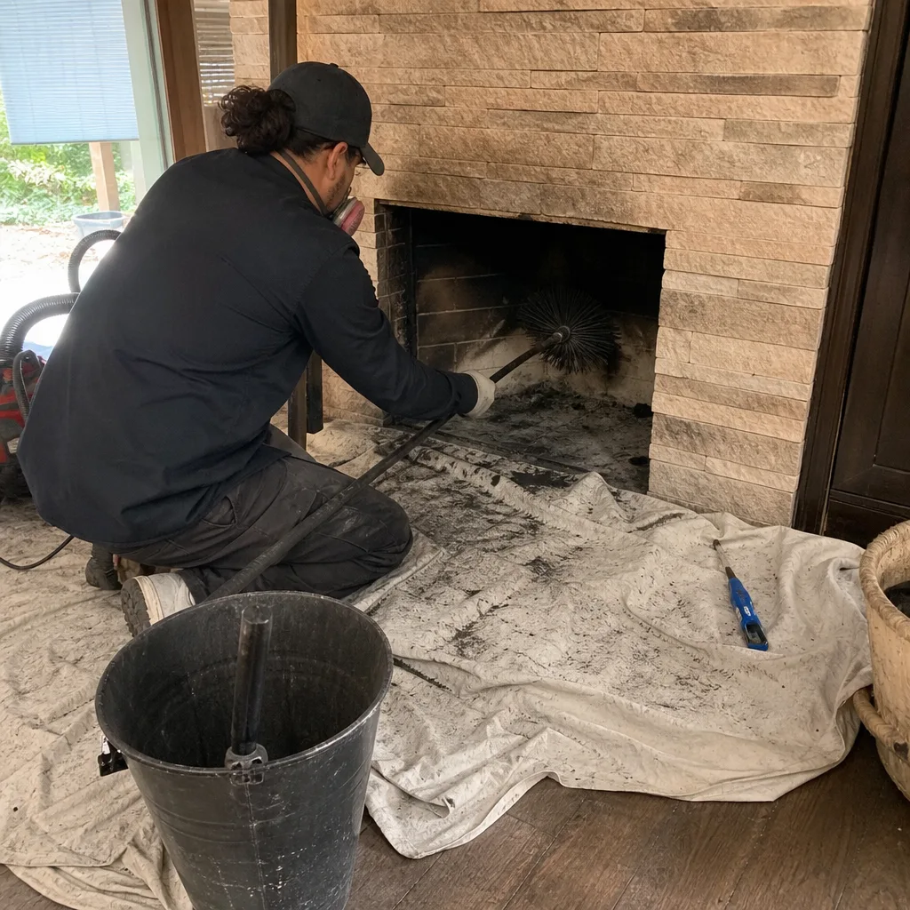 Professional chimney sweep cleaning a fireplace with a brush tool