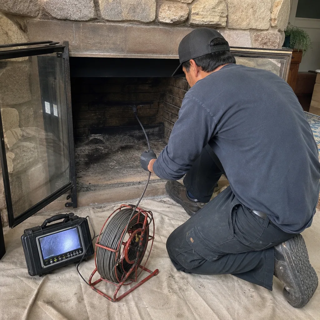 Technician performing a professional fireplace and chimney video inspection.